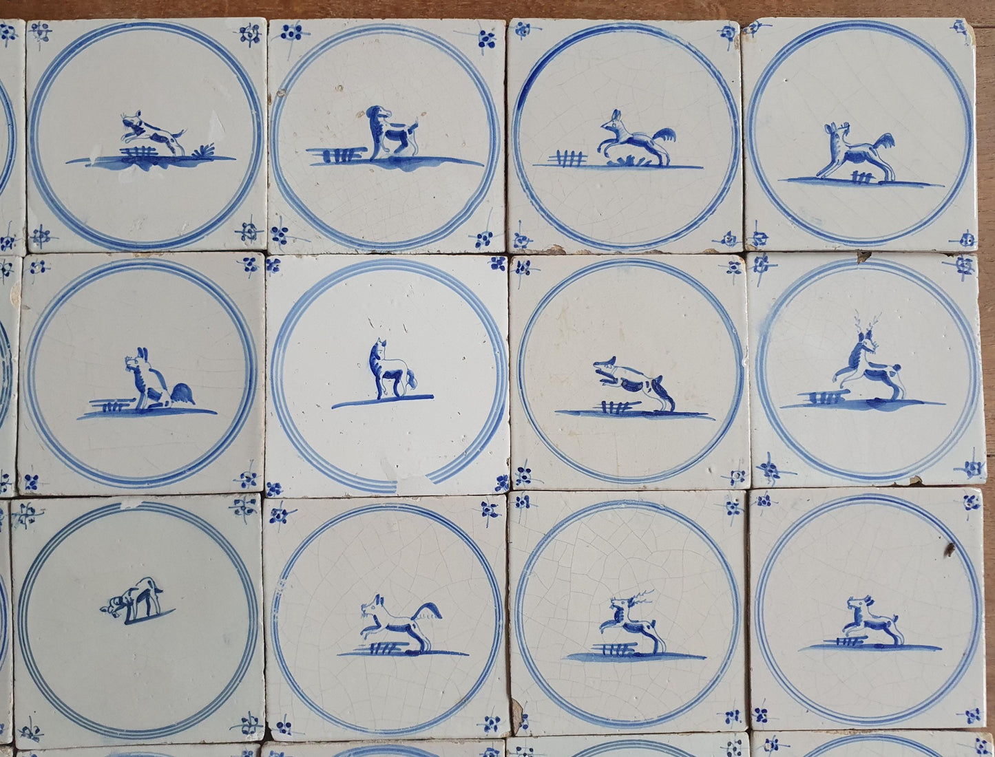 110 Antique Dutch Delft Tiles, 18th Century Animal Motifs, 20 square feet circle springer