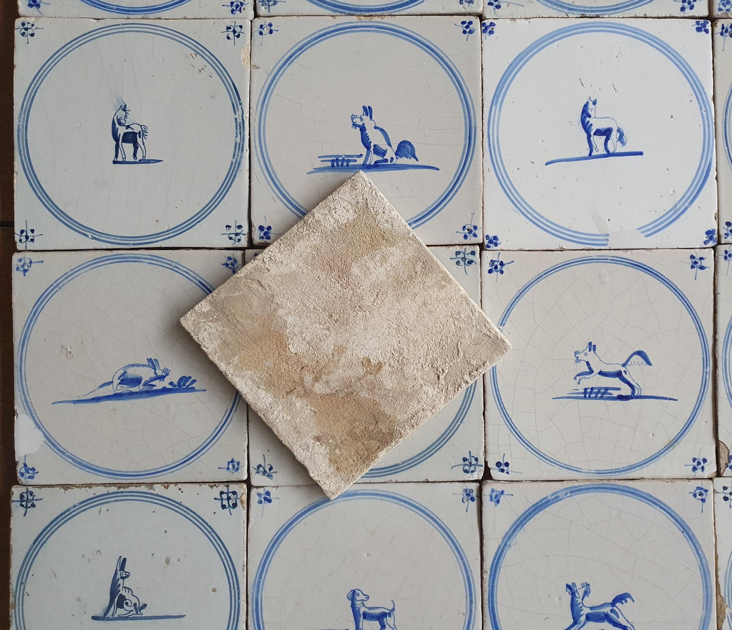110 Antique Dutch Delft Tiles, 18th Century Animal Motifs, 20 square feet circle springer