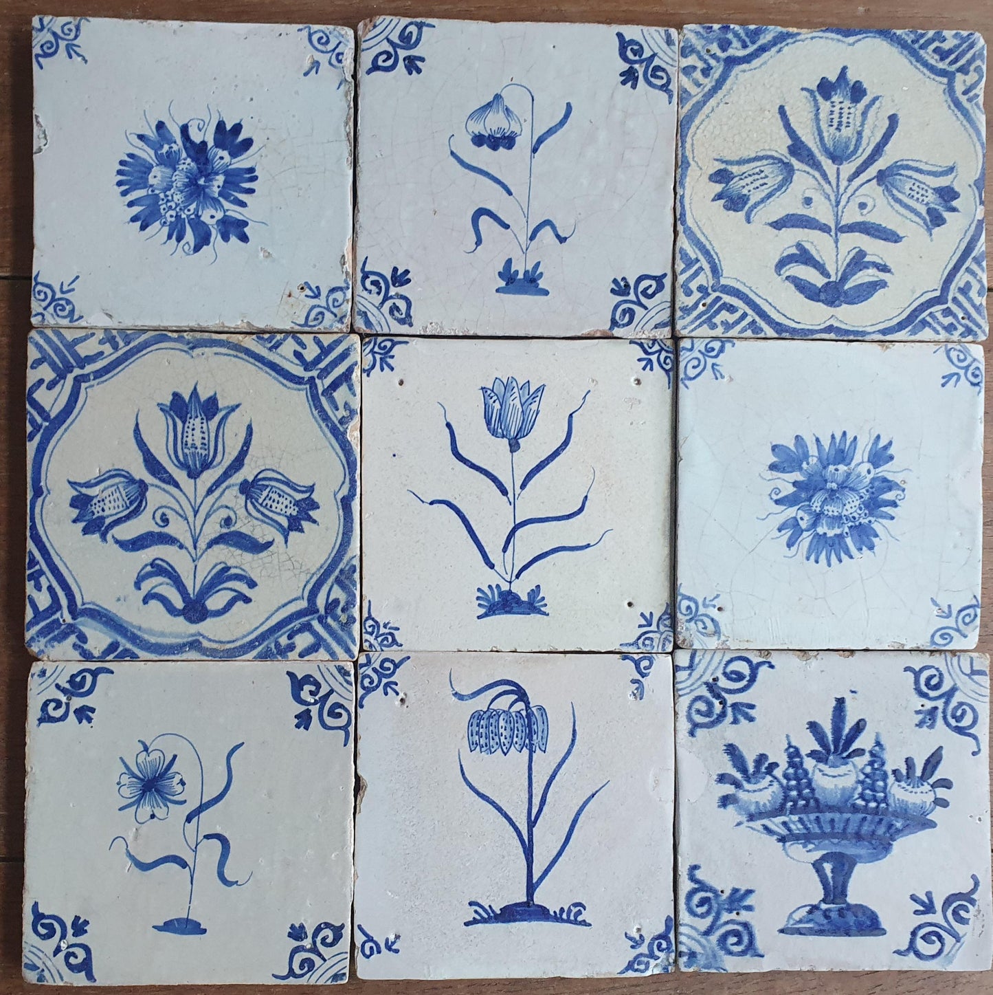 Set of 9 Antique 17th Century Dutch Delft Tiles, Floral