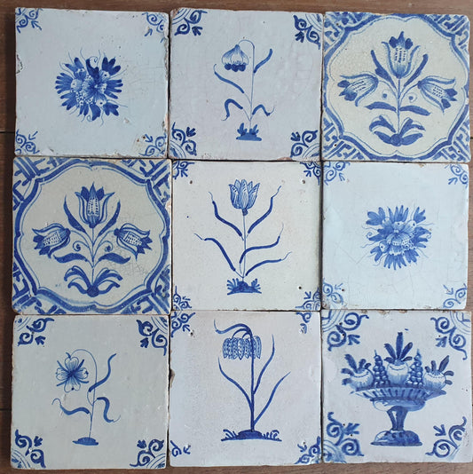 Set of 9 Antique 17th Century Dutch Delft Tiles, Floral