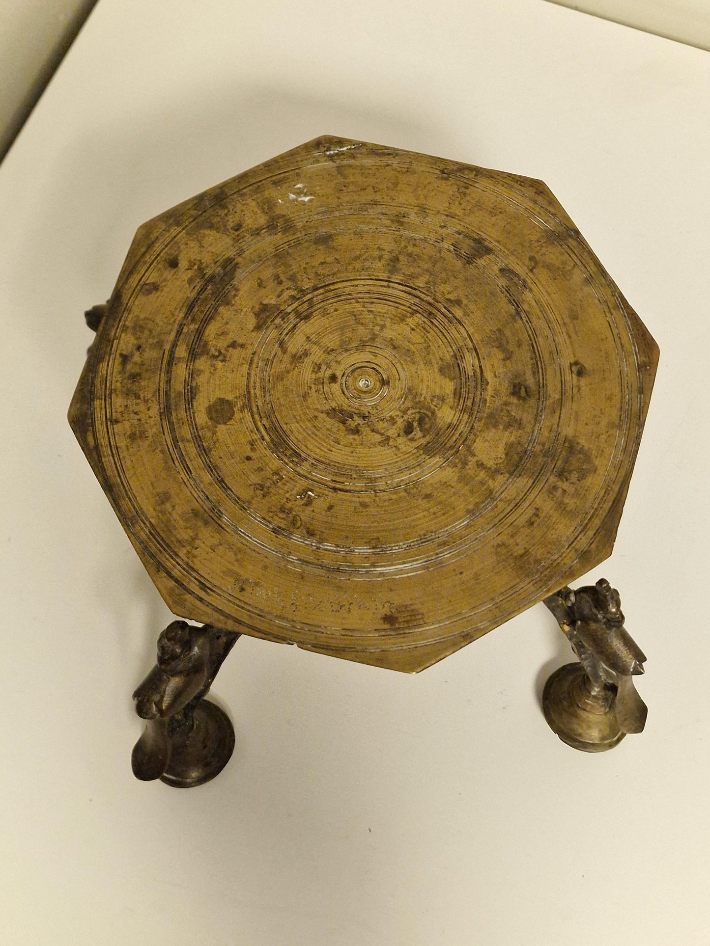 Antique Indian Brass Chowki, Signed Copper Pooja Sokkel, 19th Century