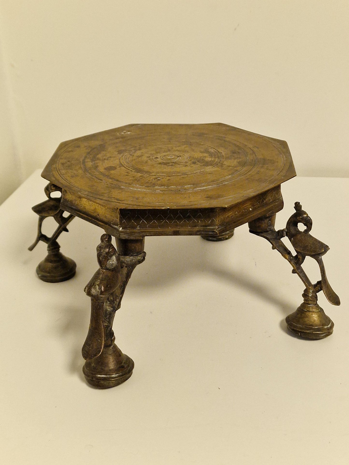 Antique Indian Brass Chowki, Signed Copper Pooja Sokkel, 19th Century
