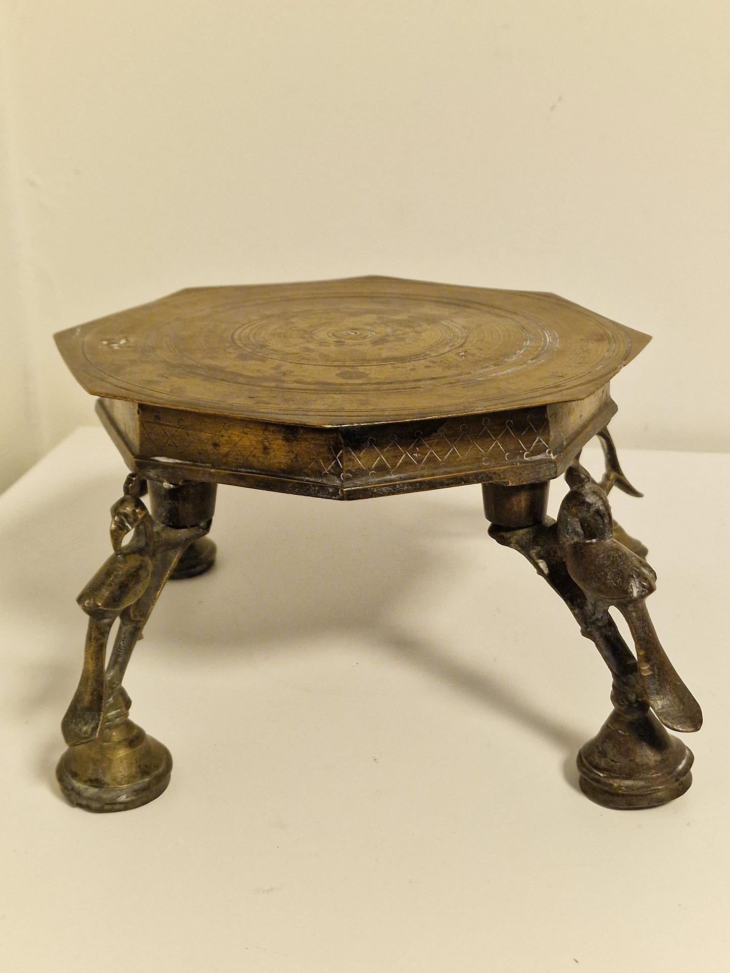 Antique Indian Brass Chowki, Signed Copper Pooja Sokkel, 19th Century