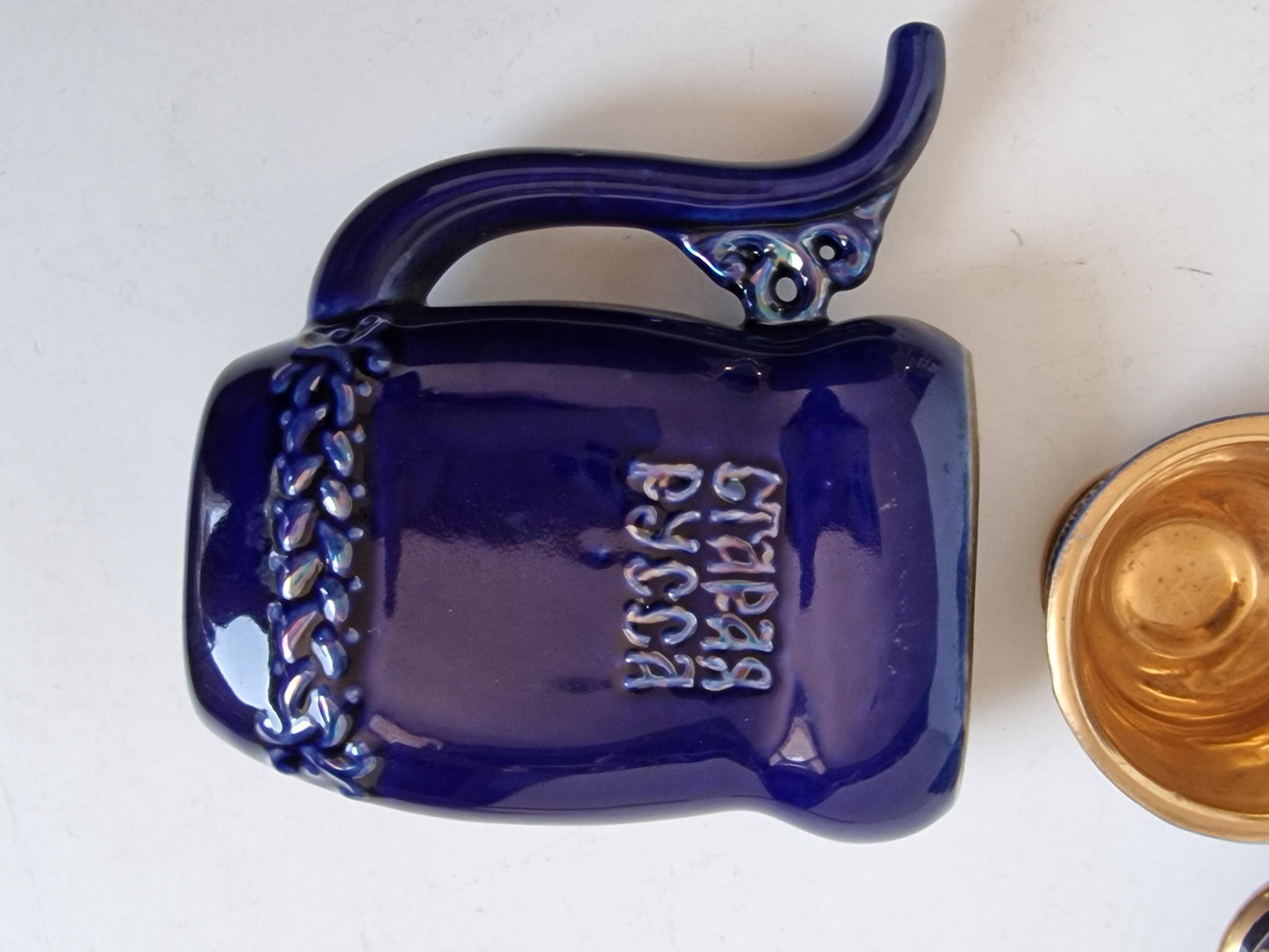 Vintage Soviet cobalt blue ceramic vodka / liqueur server set with goldinterior shot cups – Staraya Russa Russia. Authentic liquer serving