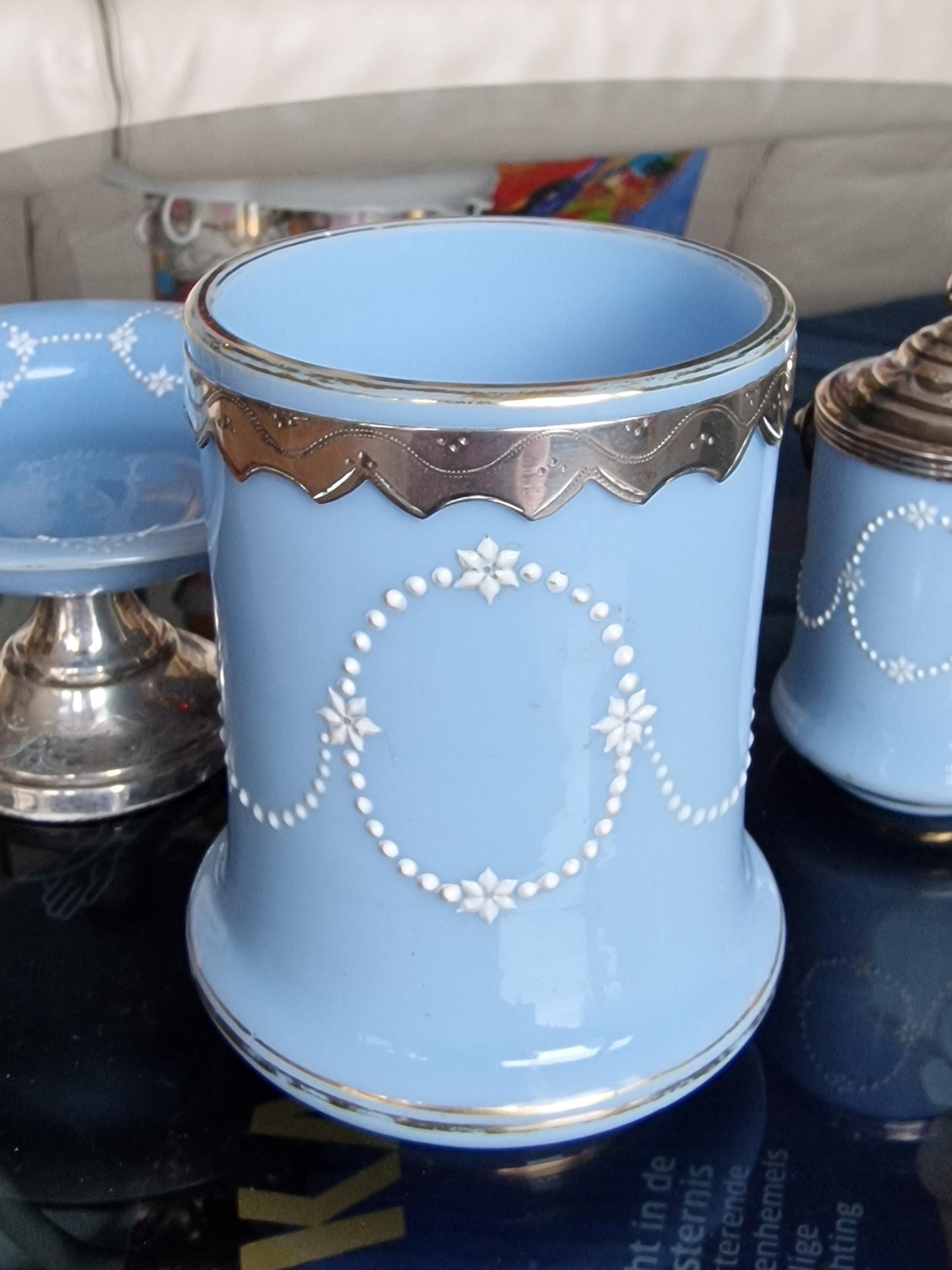 Antique Blue Opaline Glass Vanity Set, Dutch Silver Mounts, Victorian Era
