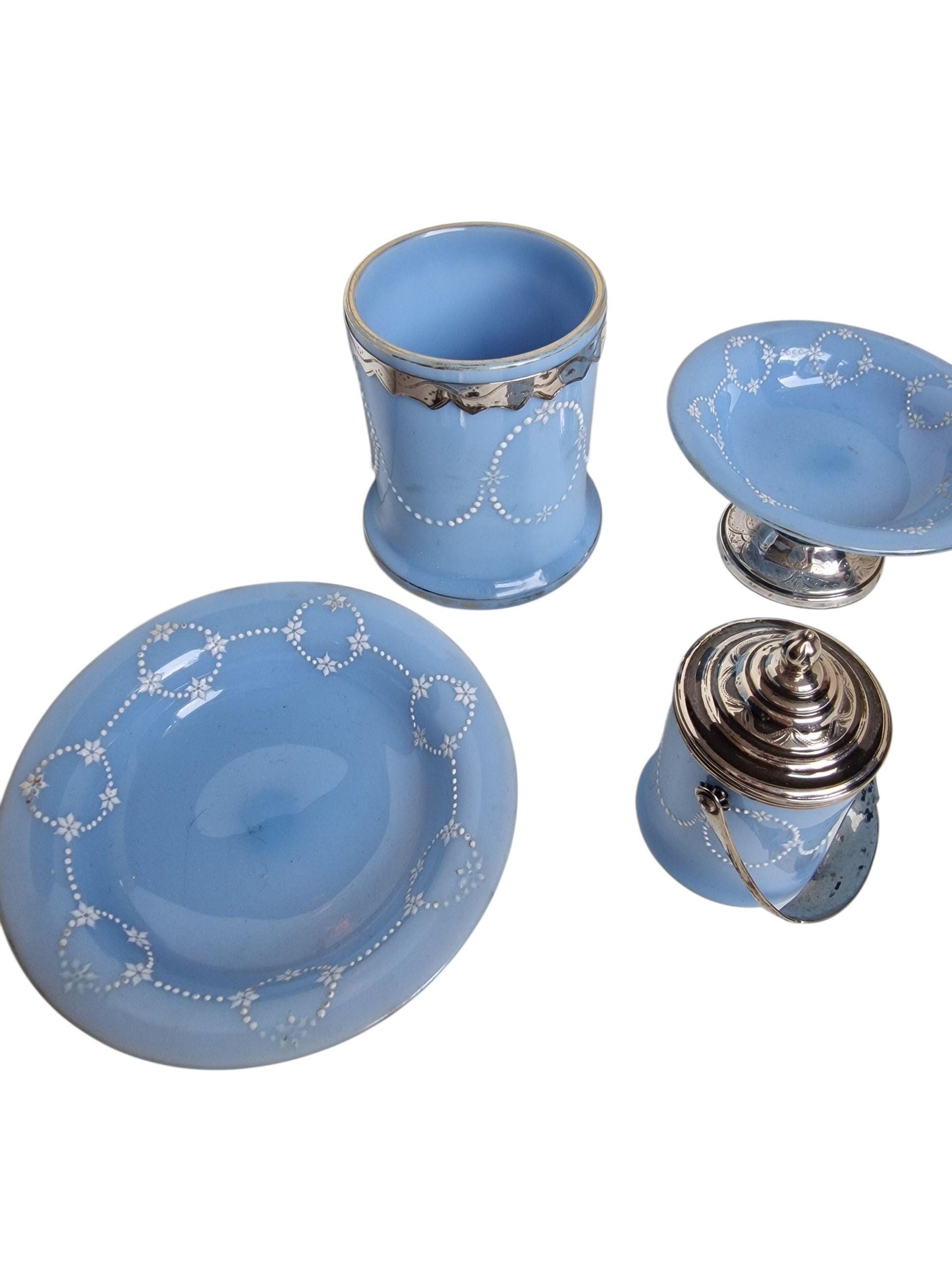 Antique Blue Opaline Glass Vanity Set, Dutch Silver Mounts, Victorian Era