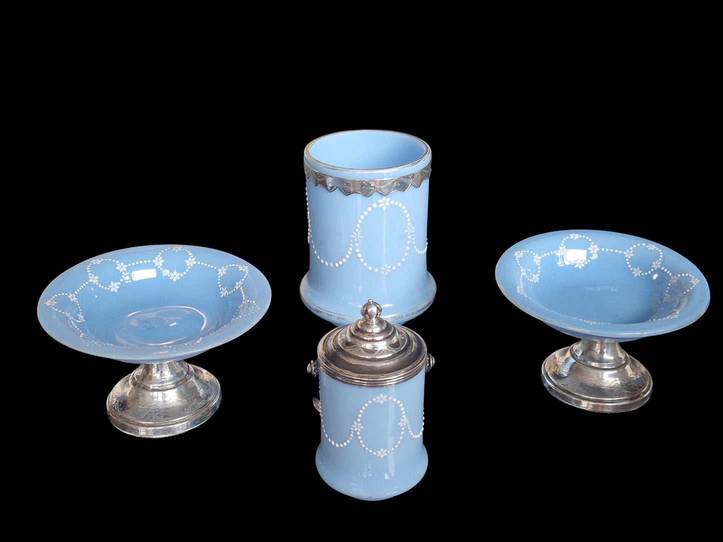 Antique Blue Opaline Glass Vanity Set, Dutch Silver Mounts, Victorian Era