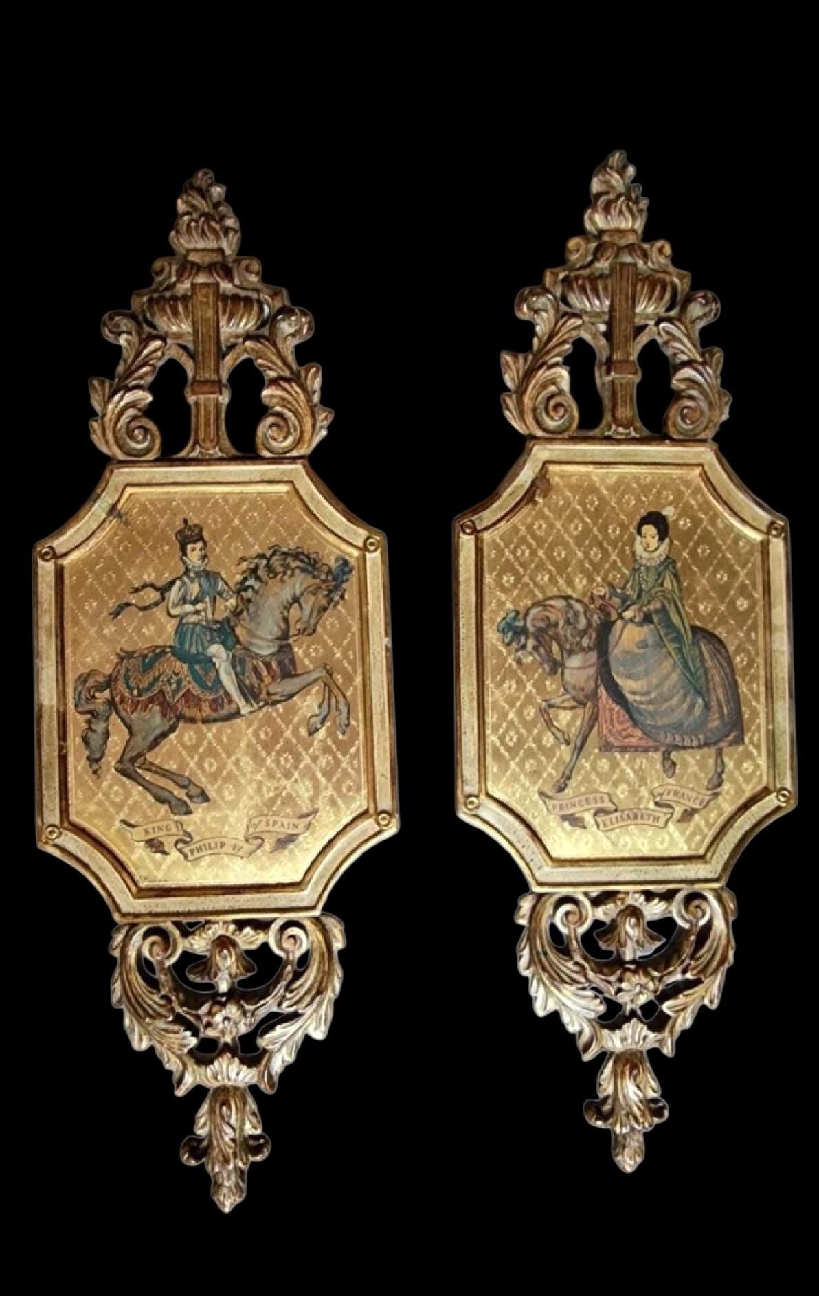 Vintage Palladio Italy Wood Wall Plaques – King Philip & Princess Elisabeth, Set of 2