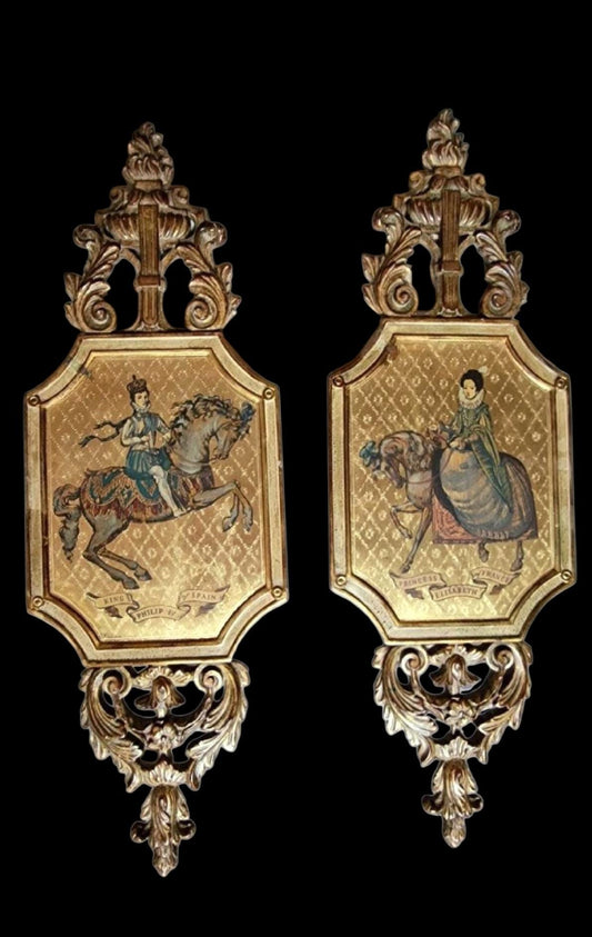 Vintage Palladio Italy Wood Wall Plaques – King Philip & Princess Elisabeth, Set of 2