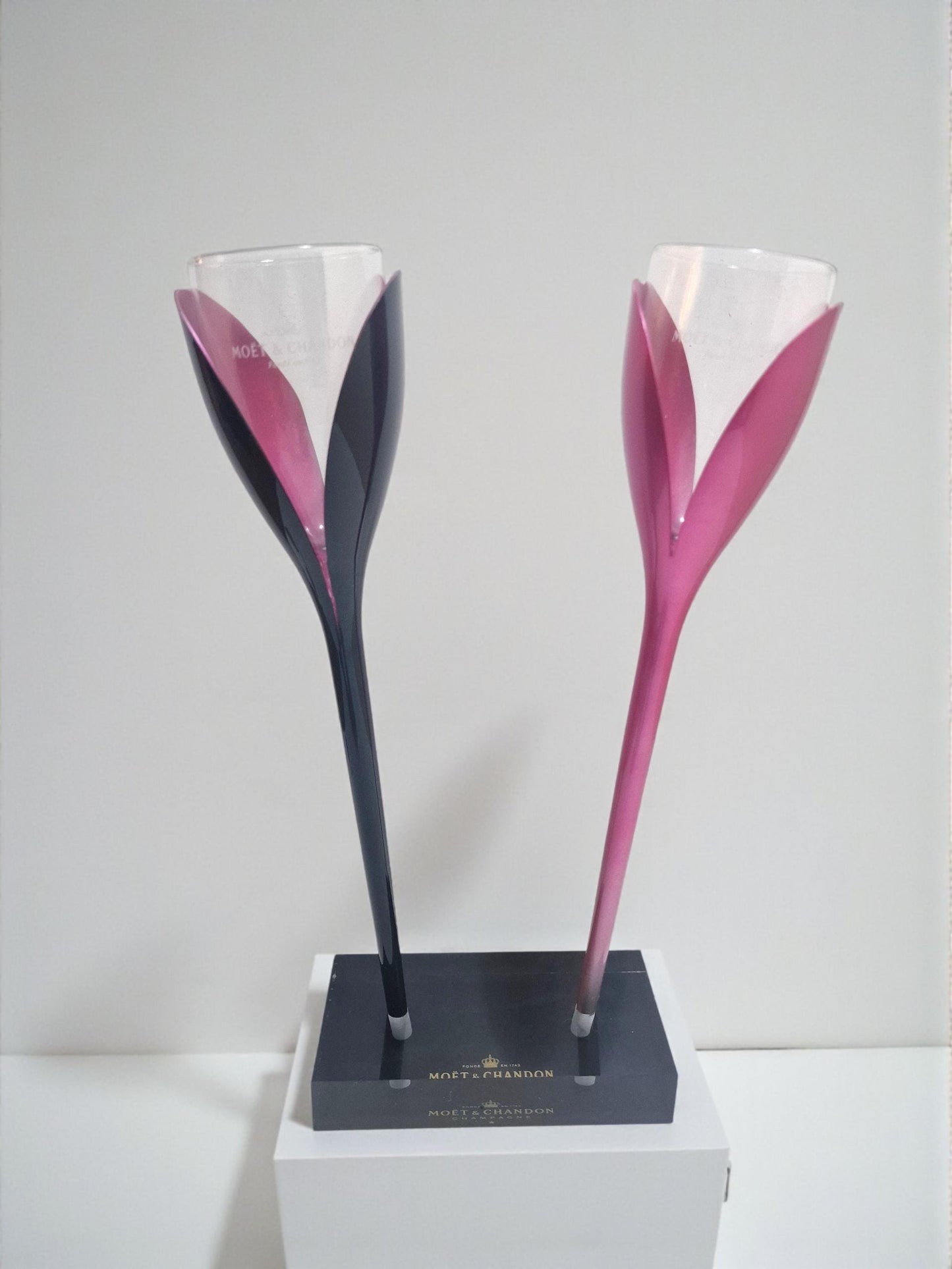 Moët and C Champagne Flutes, Philippe Di Meo, Pink and Black Holder