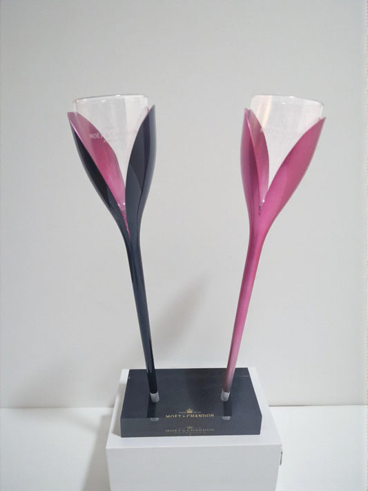 Moët and C Champagne Flutes, Philippe Di Meo, Pink and Black Holder