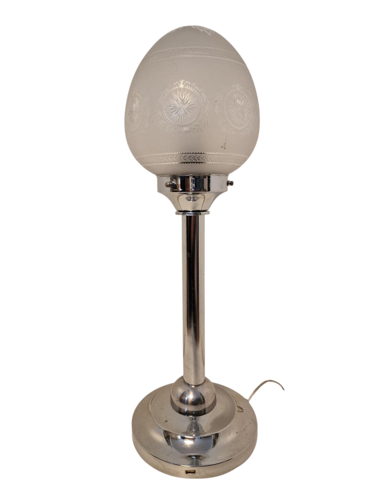 Vintage 1920s Art Deco Table Lamp – Etched Frosted Glass, Nickel-Plated