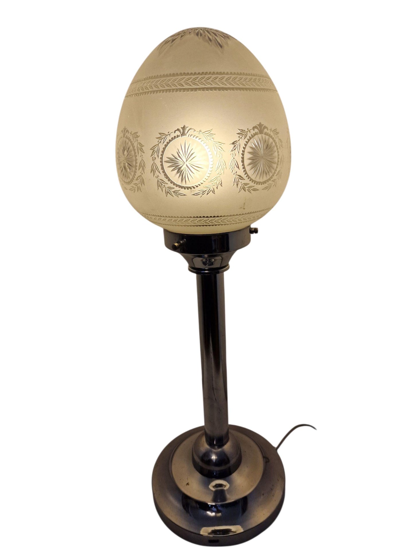 Vintage 1920s Art Deco Table Lamp – Etched Frosted Glass, Nickel-Plated