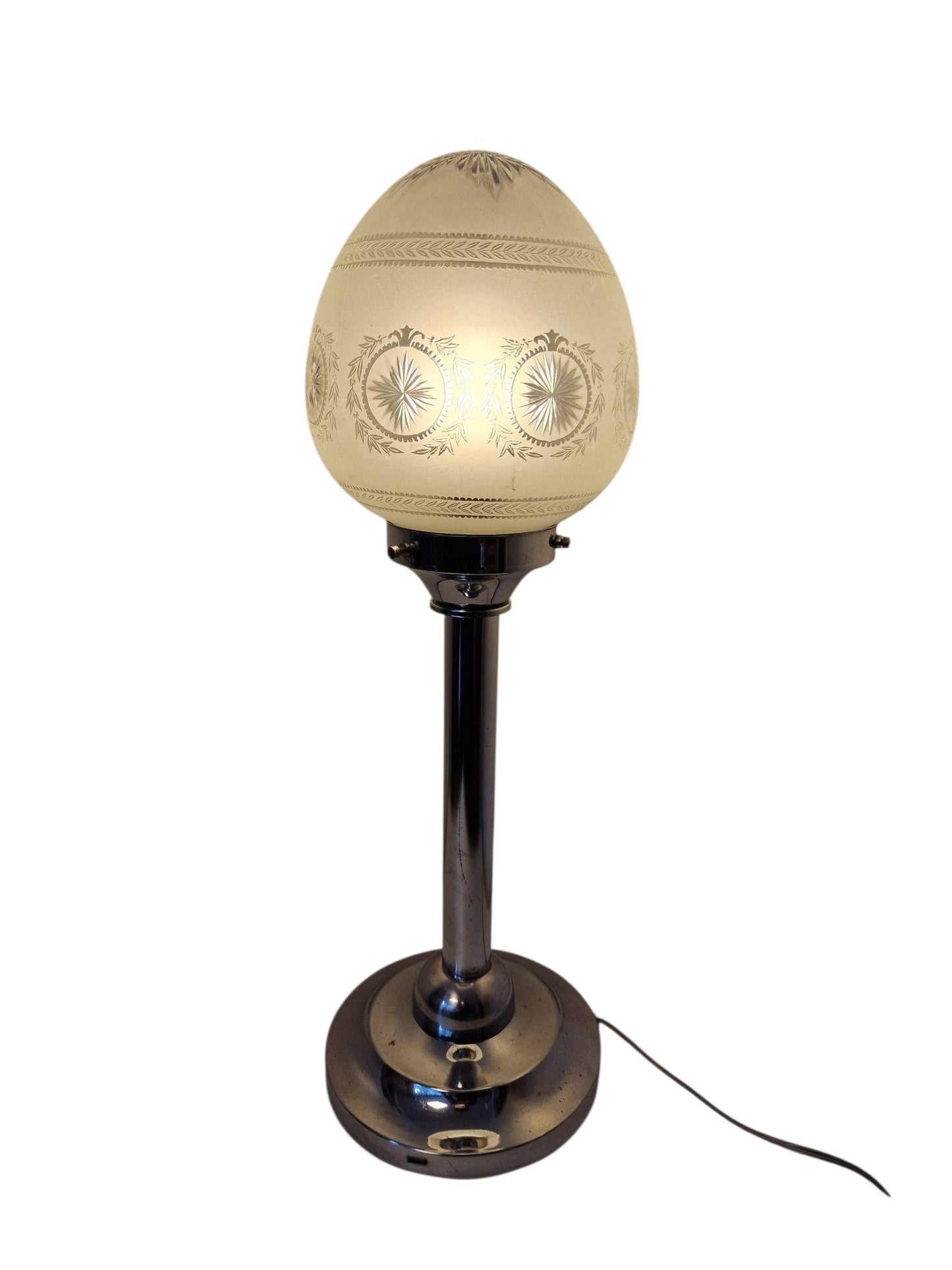 Vintage 1920s Art Deco Table Lamp – Etched Frosted Glass, Nickel-Plated