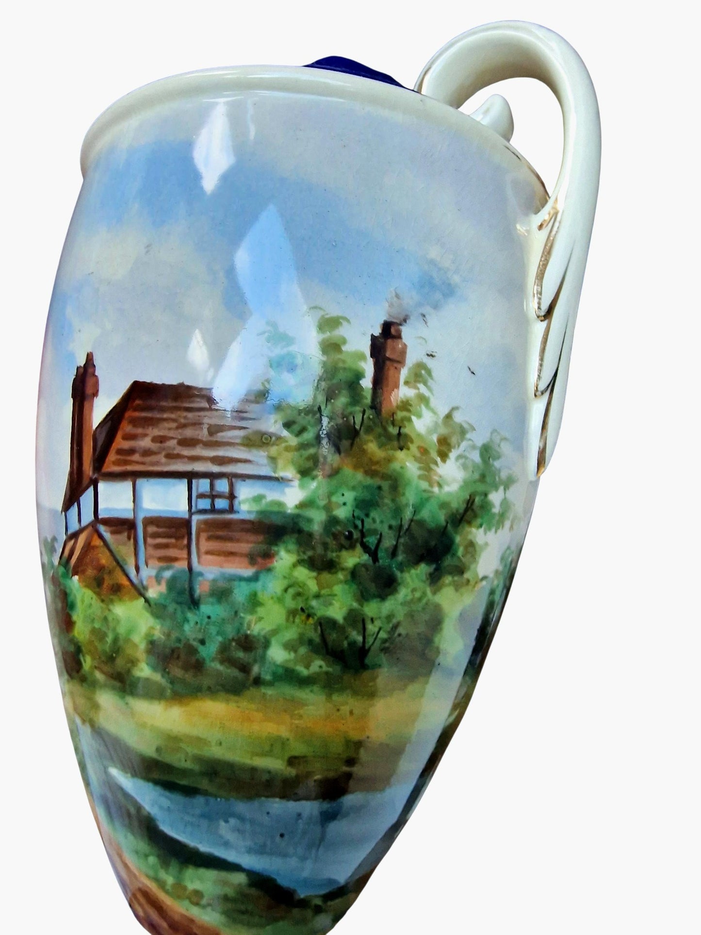 Antique Rörstrand Vase, 1890 Swedish Earthenware Amphora, Hand-Painted Landscape