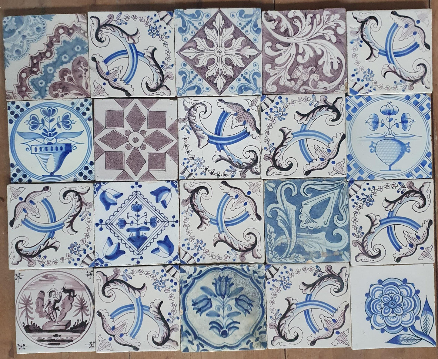 20 Piece Antique Delft Tiles, 19th Century Manganese , blue Dutch Tilefield (13x13cm)