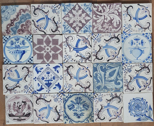 20 Piece Antique Delft Tiles, 19th Century Manganese , blue Dutch Tilefield (13x13cm)