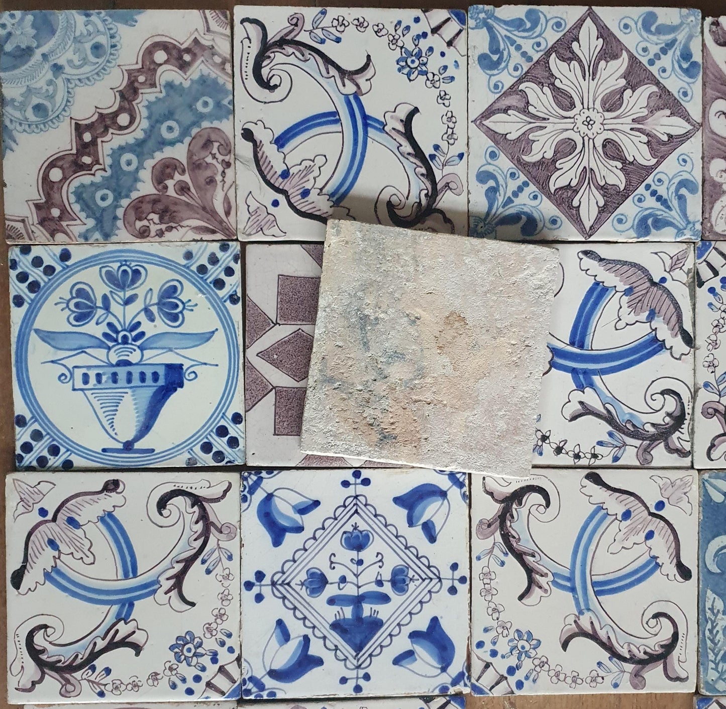 20 Piece Antique Delft Tiles, 19th Century Manganese , blue Dutch Tilefield (13x13cm)