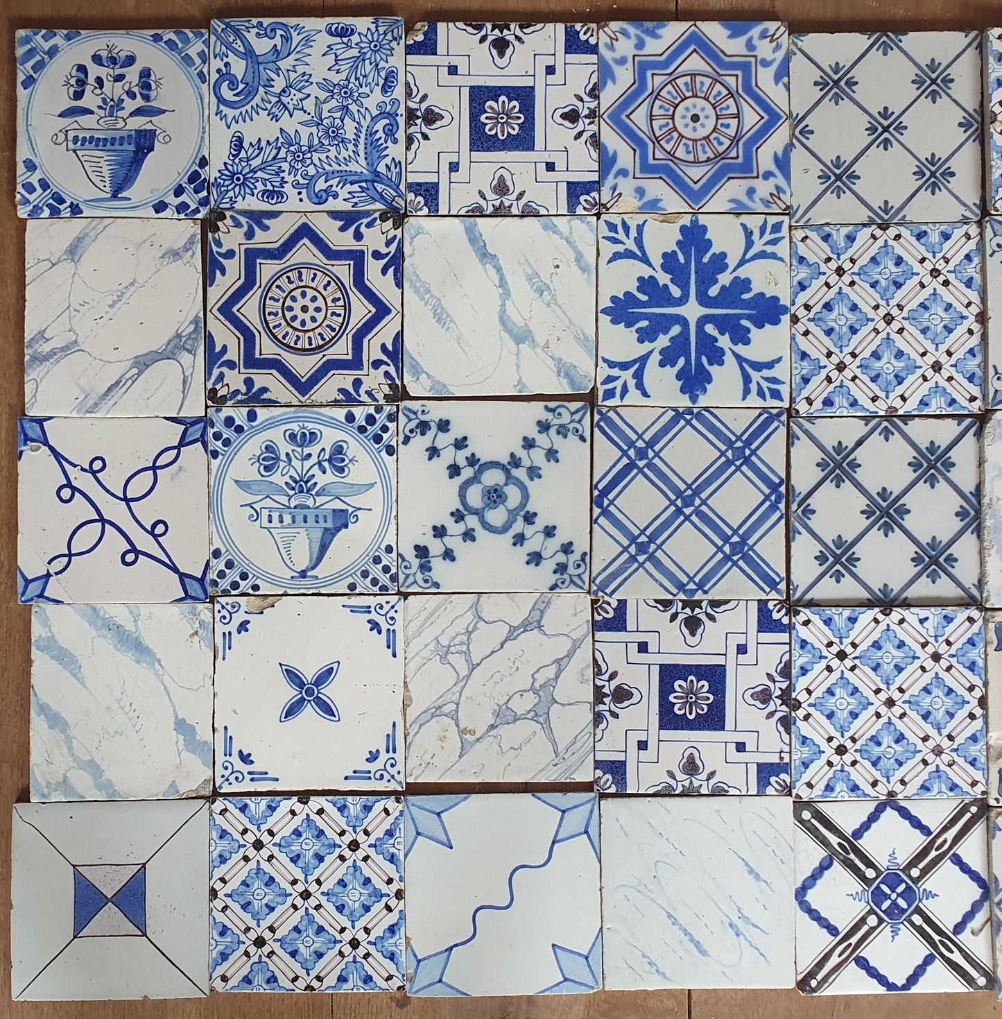 45 Antique Delft Blue Tiles, 20th Century Dutch Field Tiles (13x13 cm)