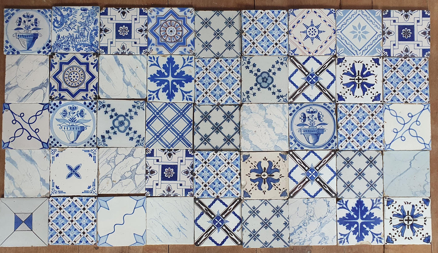 45 Antique Delft Blue Tiles, 20th Century Dutch Field Tiles (13x13 cm)