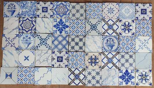 45 Antique Delft Blue Tiles, 20th Century Dutch Field Tiles (13x13 cm)