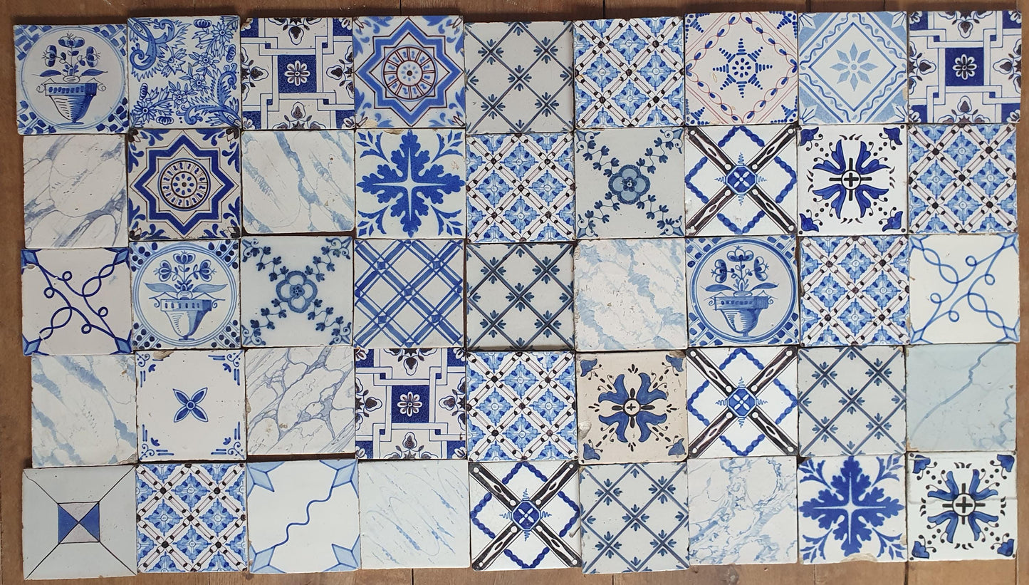 45 Antique Delft Blue Tiles, 20th Century Dutch Field Tiles (13x13 cm)
