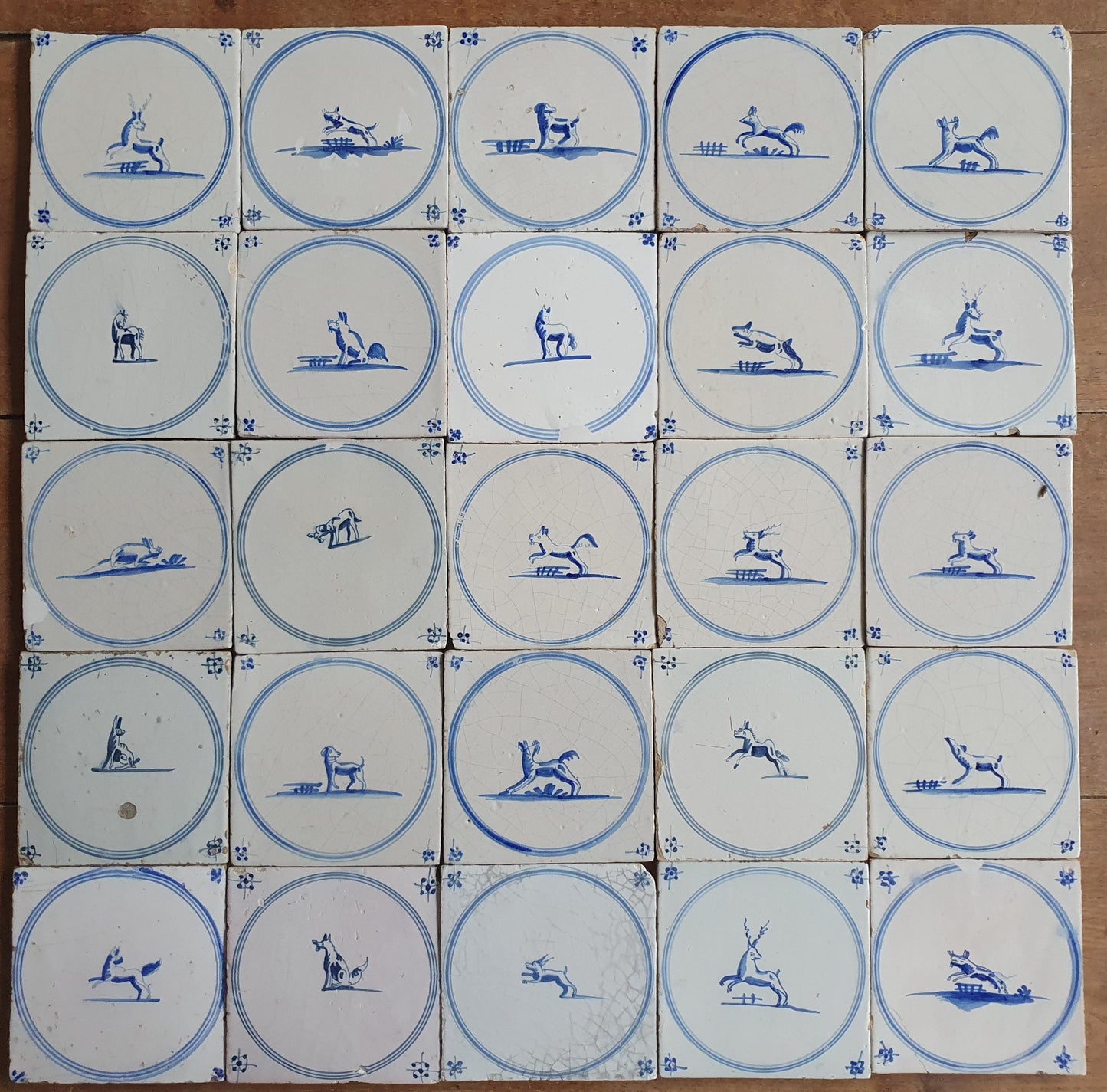 110 Antique Dutch Delft Tiles, 18th Century Animal Motifs, 20 square feet circle springer