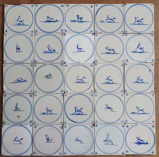 110 Antique Dutch Delft Tiles, 18th Century Animal Motifs, 20 square feet circle springer