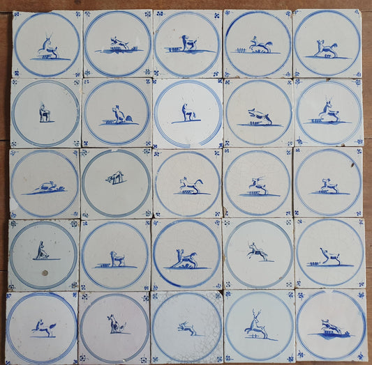 25 Antique Dutch Delft Tiles, 18th Century Animal Motifs circle springer