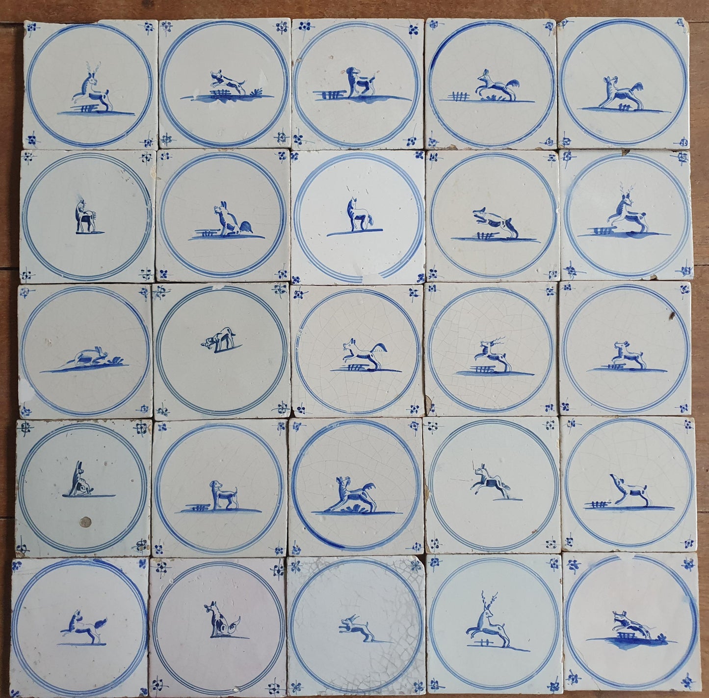 110 Antique Dutch Delft Tiles, 18th Century Animal Motifs, 20 square feet circle springer