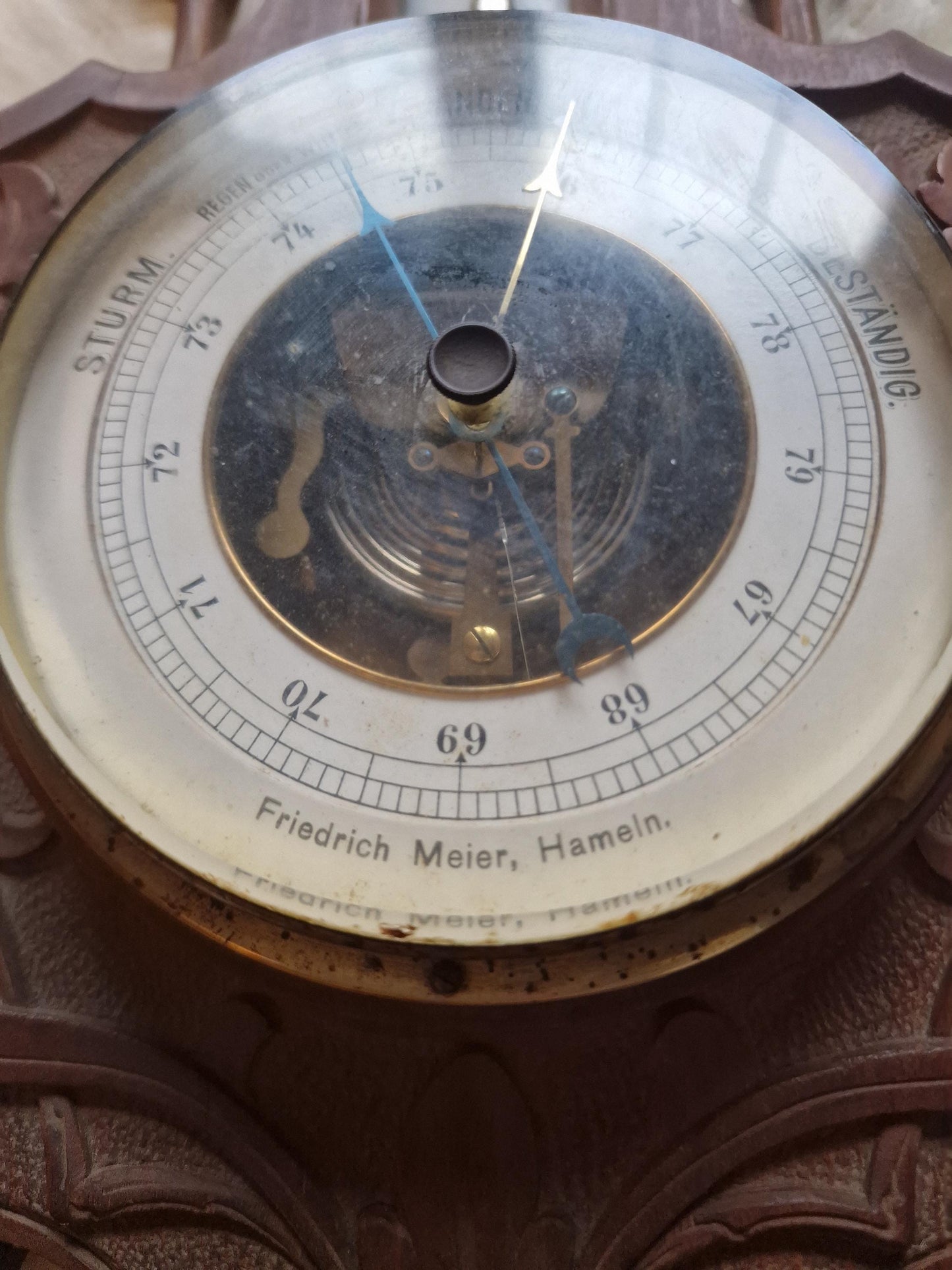 Art Nouveau Carved Holosteric Barometer: Antique German Weather Station, friedrich meier, hameln