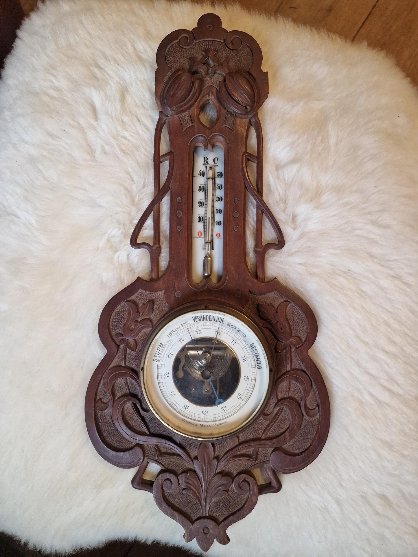 Art Nouveau Carved Holosteric Barometer: Antique German Weather Station, friedrich meier, hameln