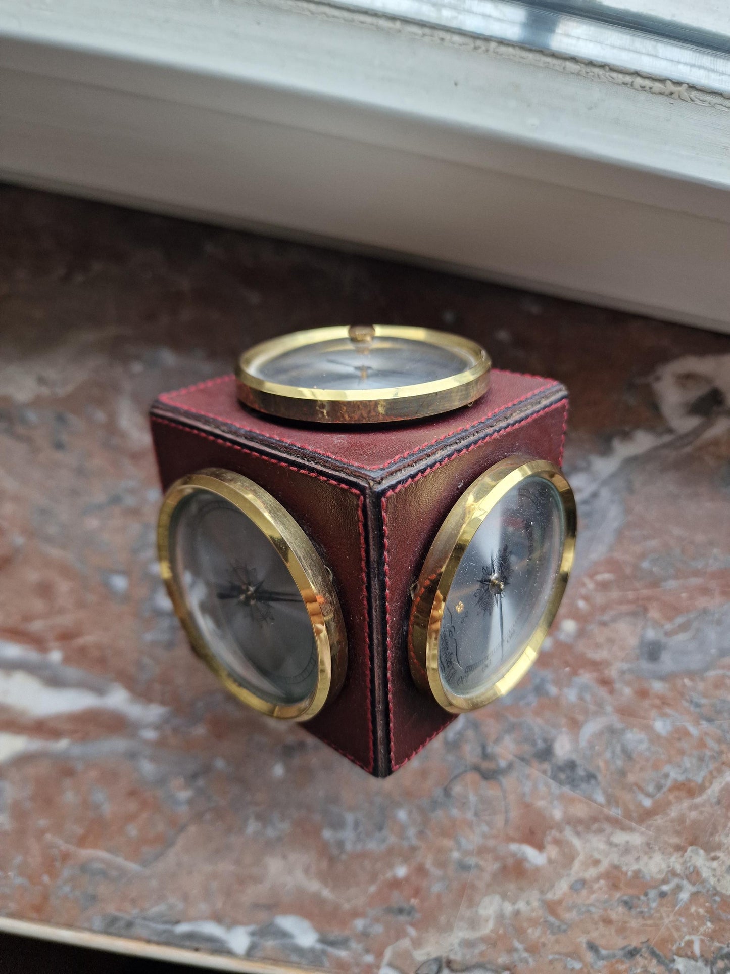 Vintage Brass Leather Barometer Thermometer, 1960s German Weather Station