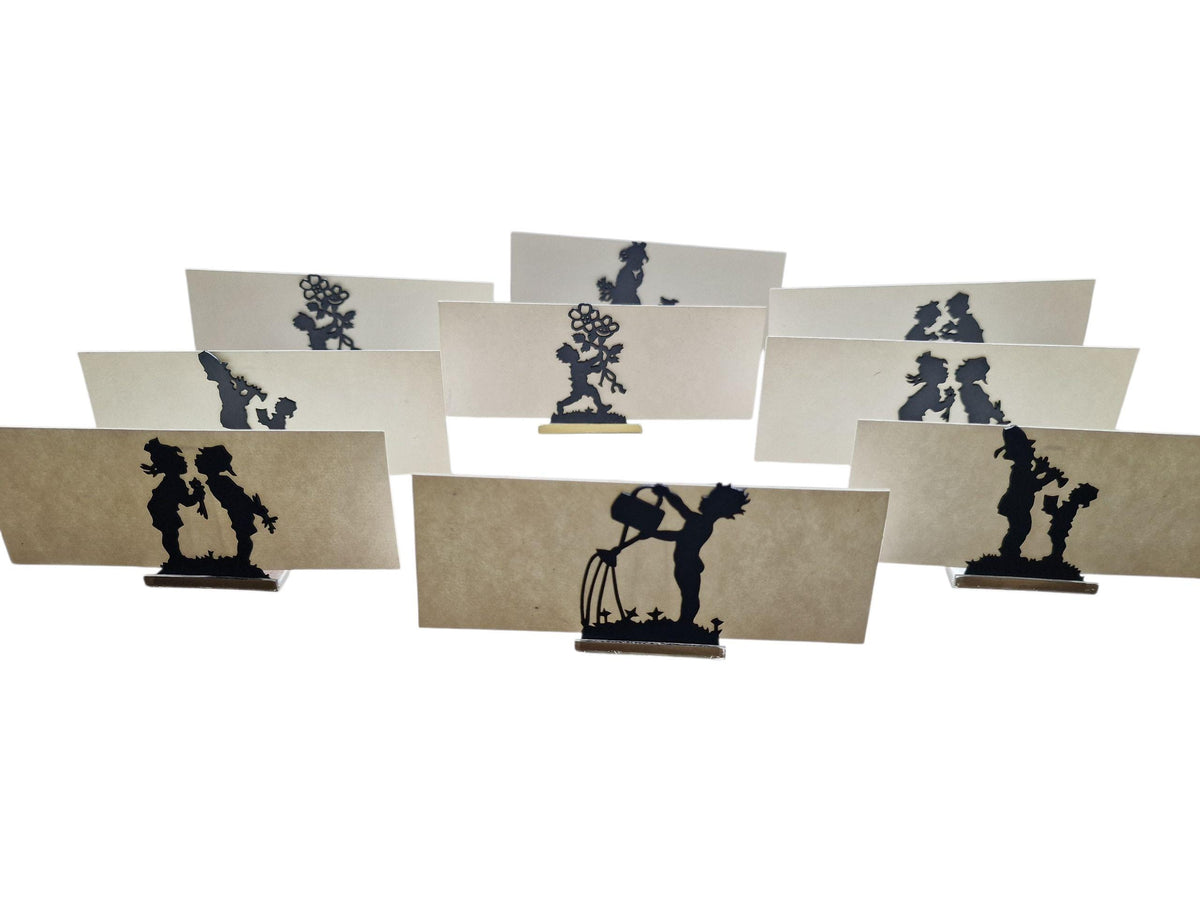 Vintage silhouette place card holders – romantic children figures set, cards included. Mcm