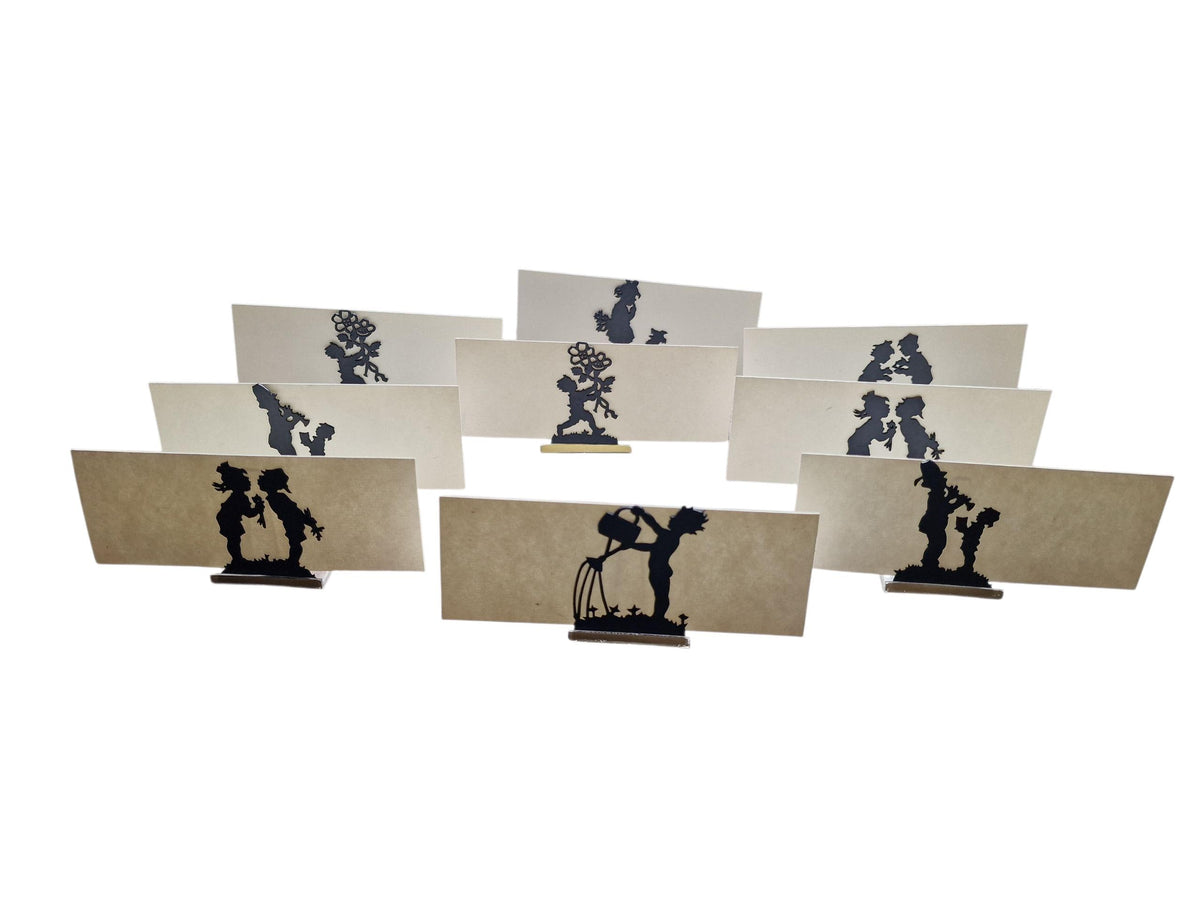 Vintage silhouette place card holders – romantic children figures set, cards included. Mcm
