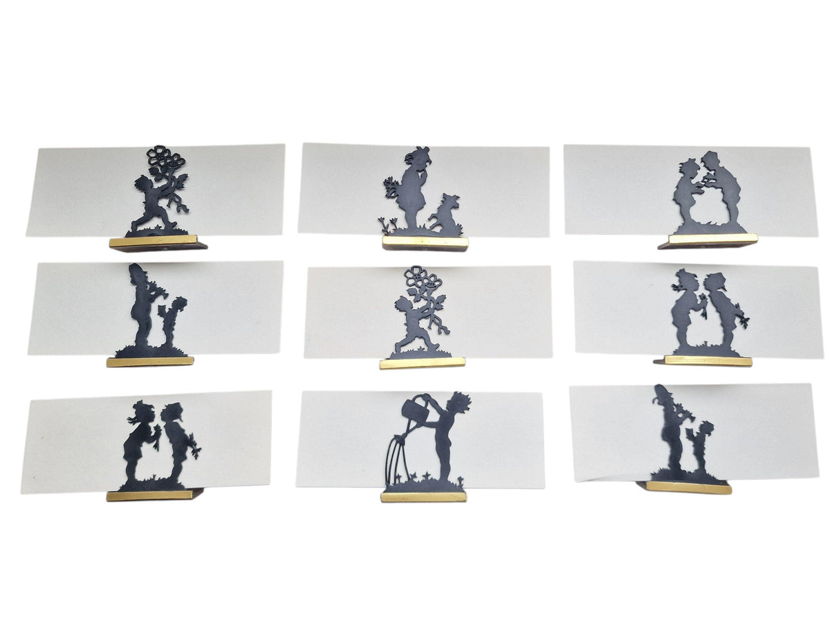 Vintage silhouette place card holders – romantic children figures set, cards included. Mcm