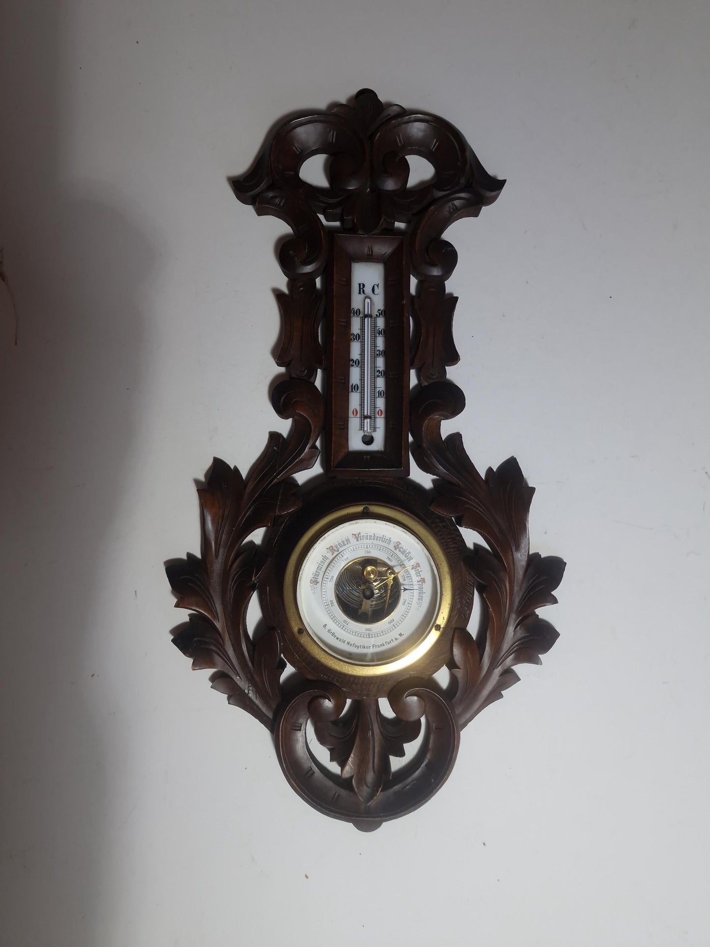 Antique Art Nouveau Barometer, Grunwald Frankfurt, hofleverancier, Carved holosterie weatherstation