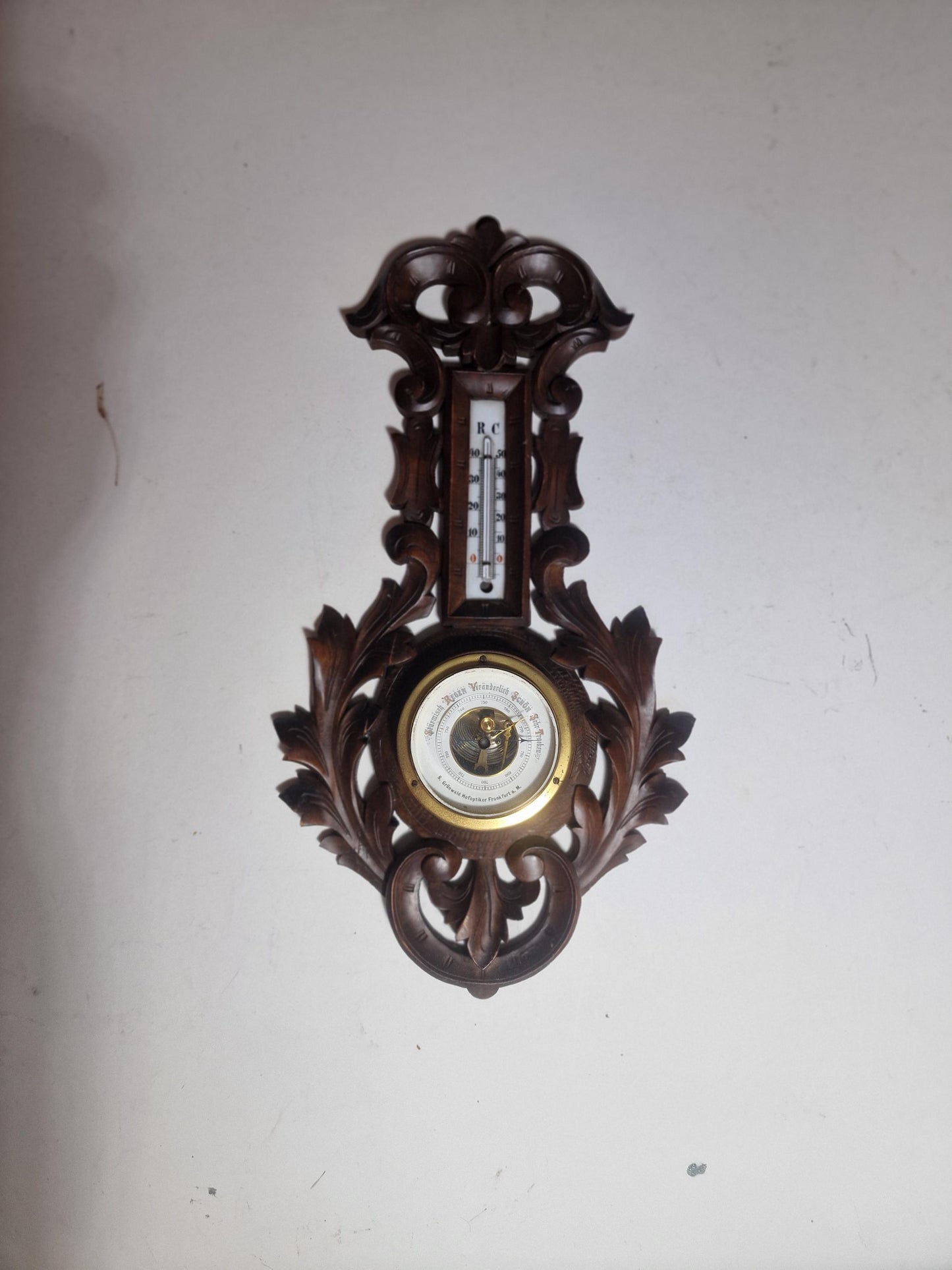 Antique Art Nouveau Barometer, Grunwald Frankfurt, hofleverancier, Carved holosterie weatherstation