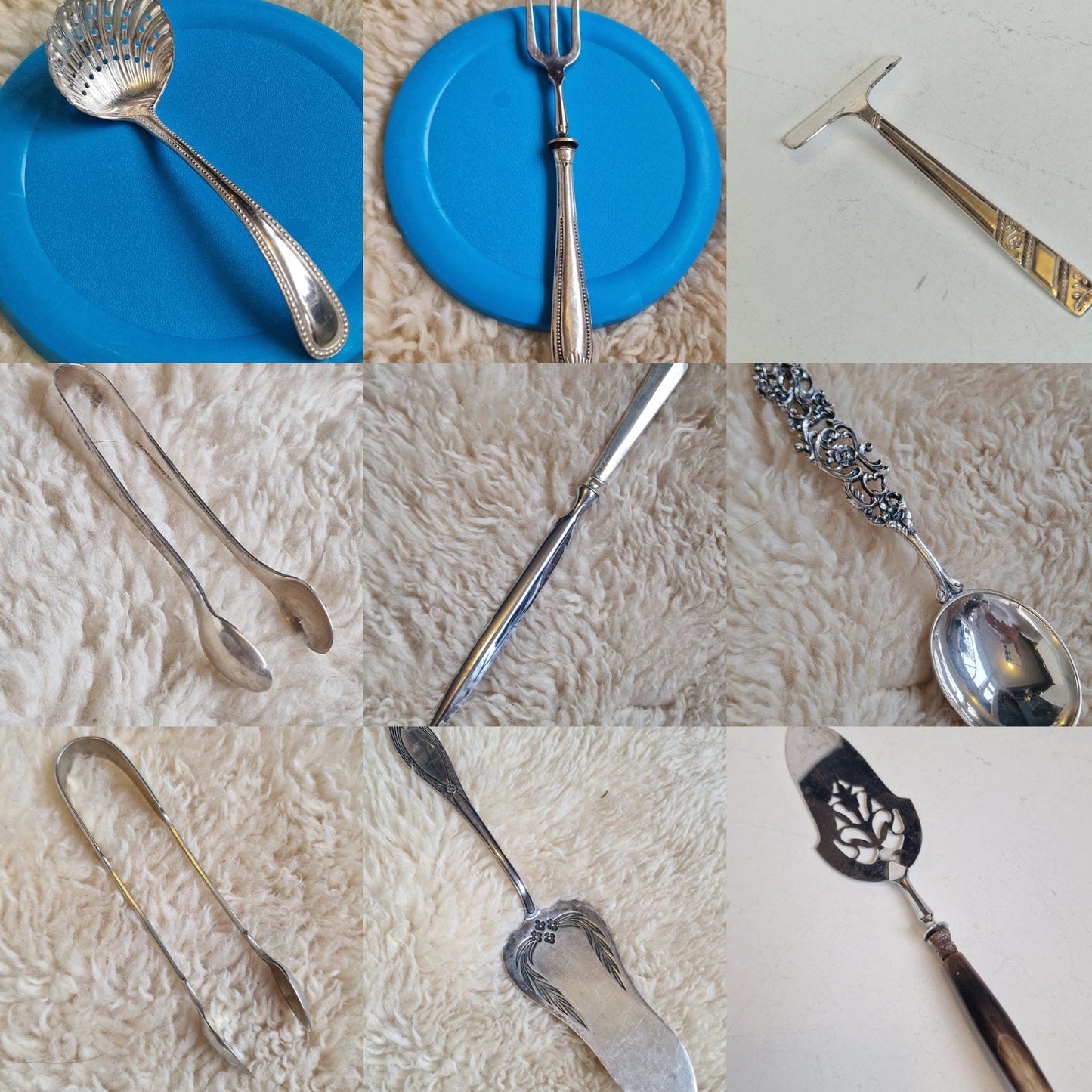 Antique Silver Serving Set, Filigree Spoon, Trident Fork, 9 Piece