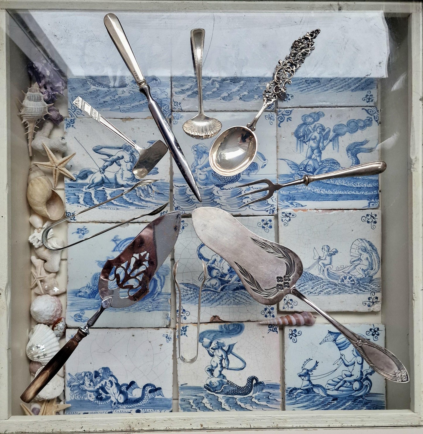 Antique Silver Serving Set, Filigree Spoon, Trident Fork, 9 Piece