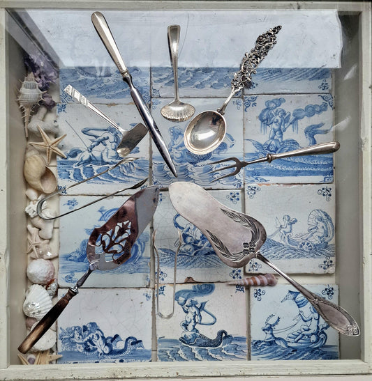 Antique Silver Serving Set, Filigree Spoon, Trident Fork, 9 Piece