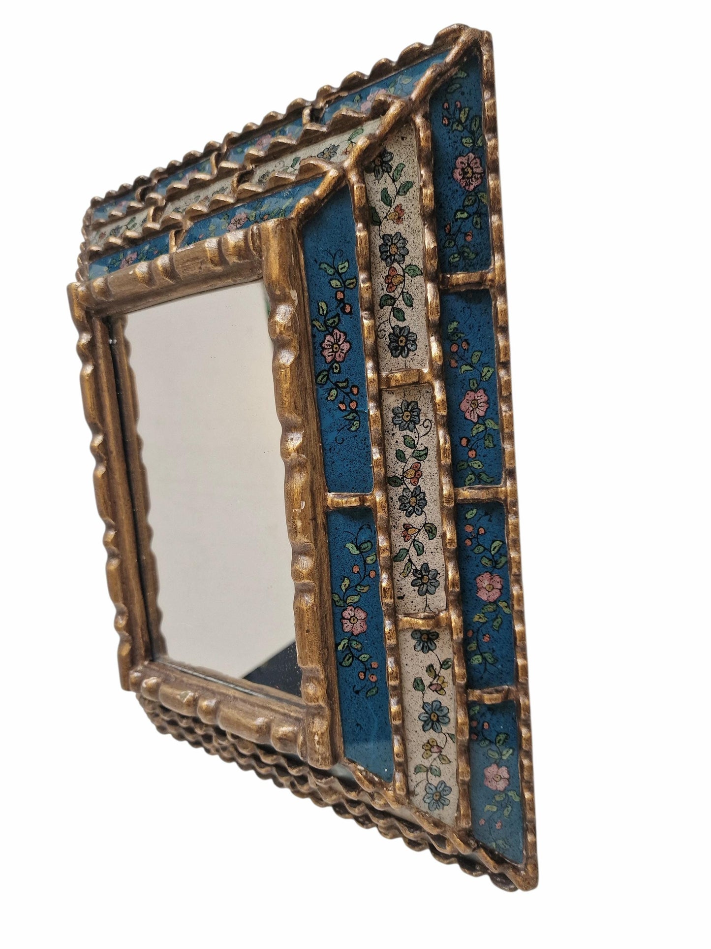 Vintage Italian Enamel Wall Mirror – Hand-Painted Floral, Cloisonné-Style