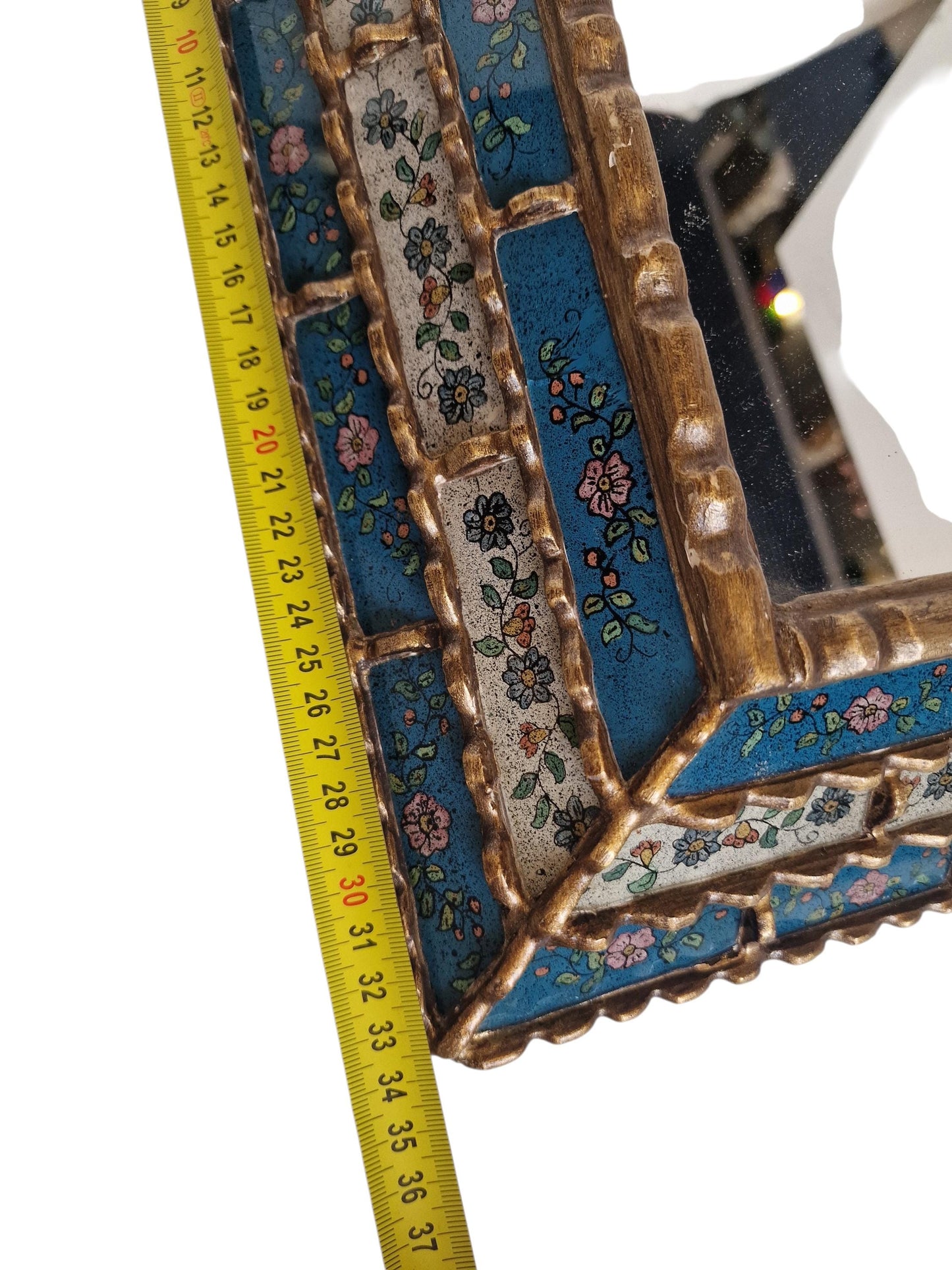 Vintage Italian Enamel Wall Mirror – Hand-Painted Floral, Cloisonné-Style