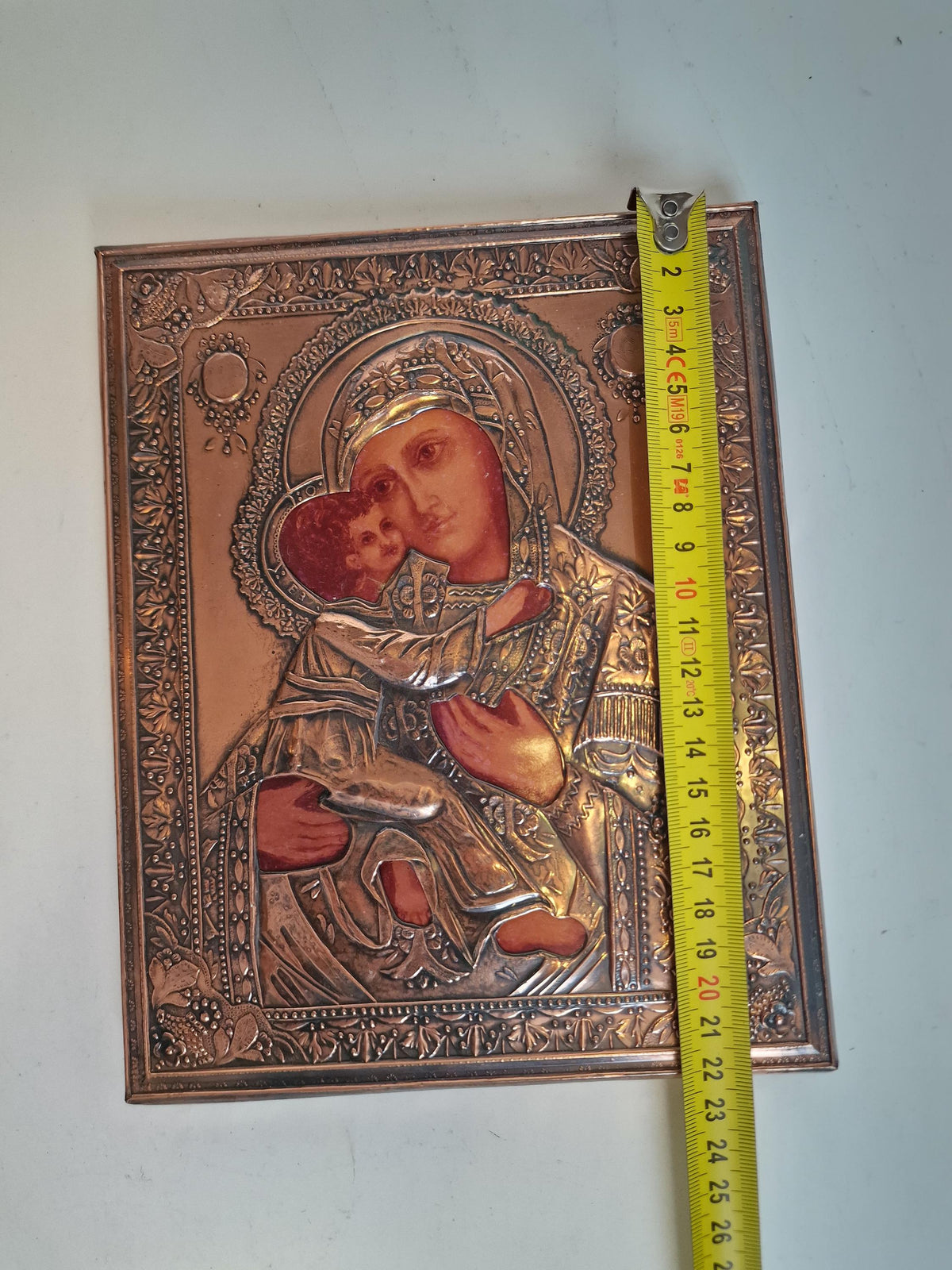 Virgin of Kazan Icon, Copper Relief Oklad, Russian Orthodox Icon 22 x 18  cm, midcentury vintage ikoon