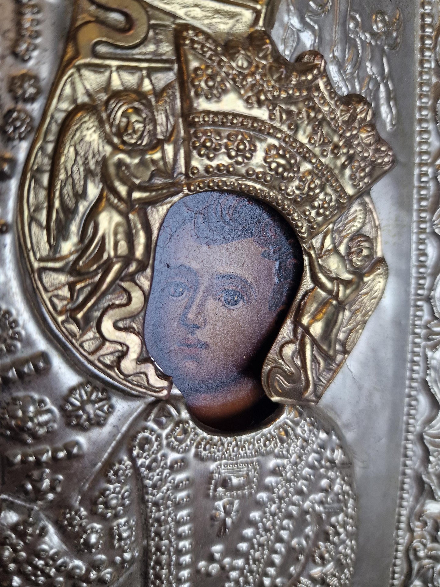 Vintage Our Lady of Czestochowa Icon – Embossed Metal Oklad, Polish Catholic Art