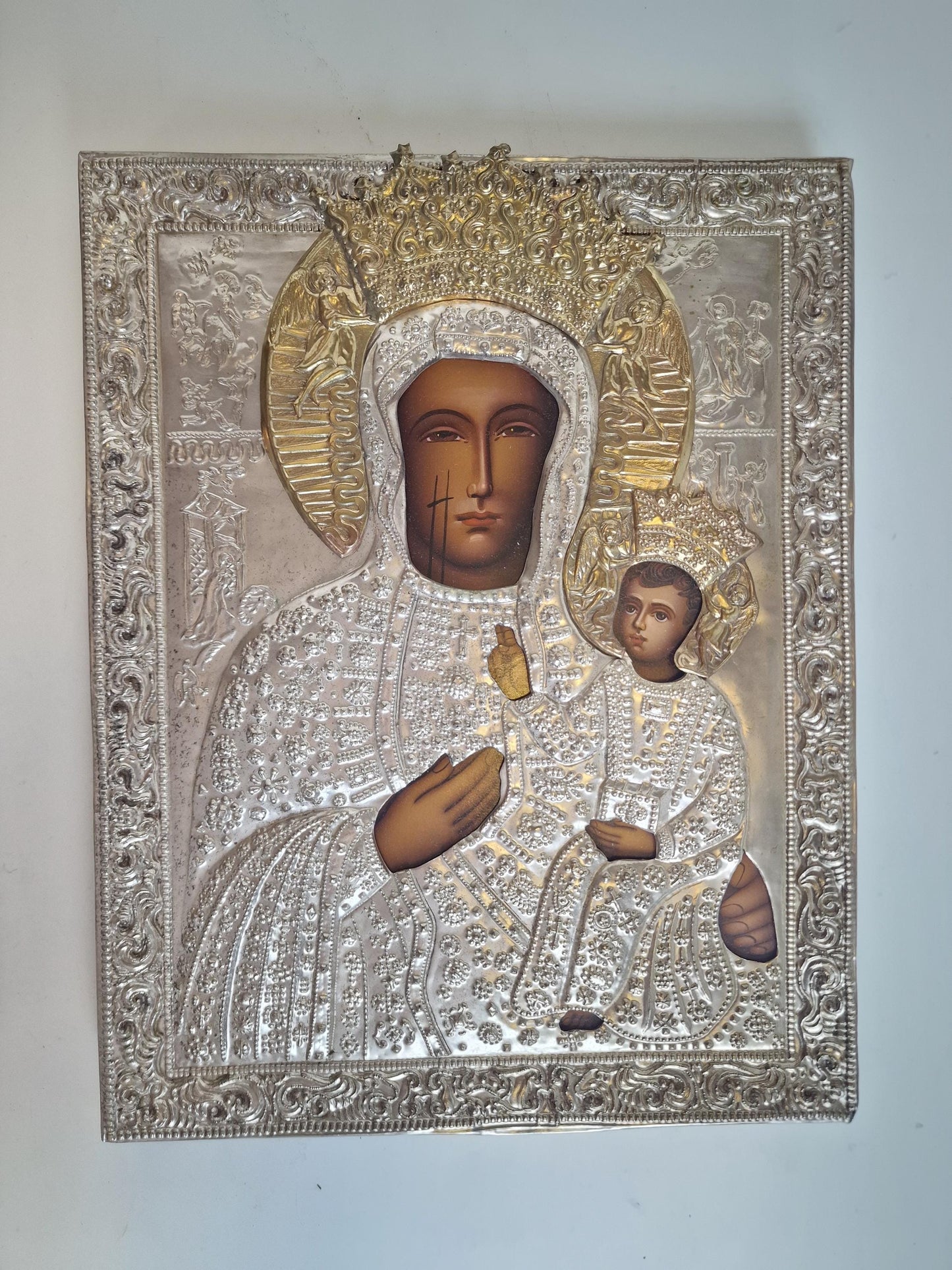 Vintage Our Lady of Czestochowa Icon – Embossed Metal Oklad, Polish Catholic Art
