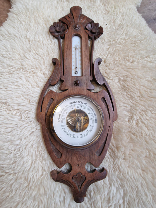 Antique Art Nouveau Holosteric Barometer, dutch Carved Oak Weather Station cottage