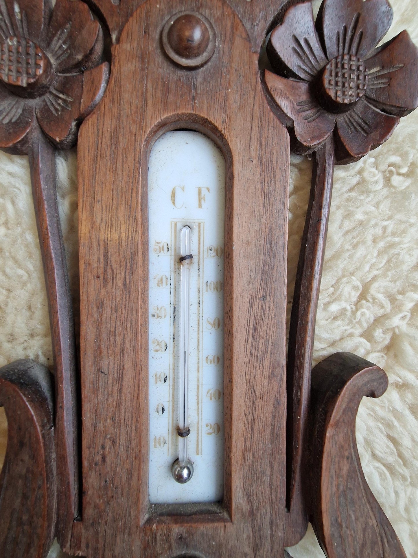 Antique Art Nouveau Holosteric Barometer, dutch Carved Oak Weather Station cottage