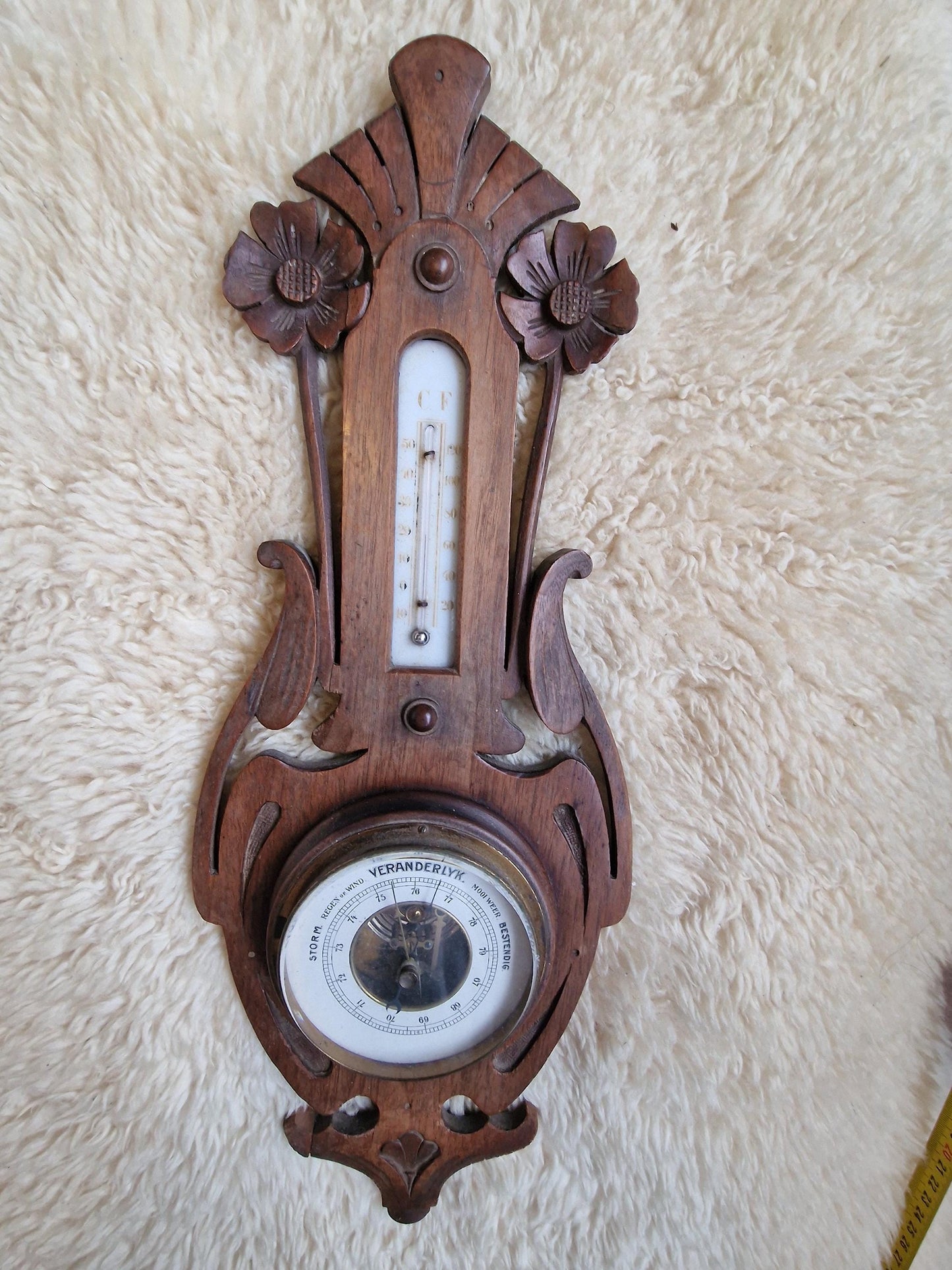 Antique Art Nouveau Holosteric Barometer, dutch Carved Oak Weather Station cottage