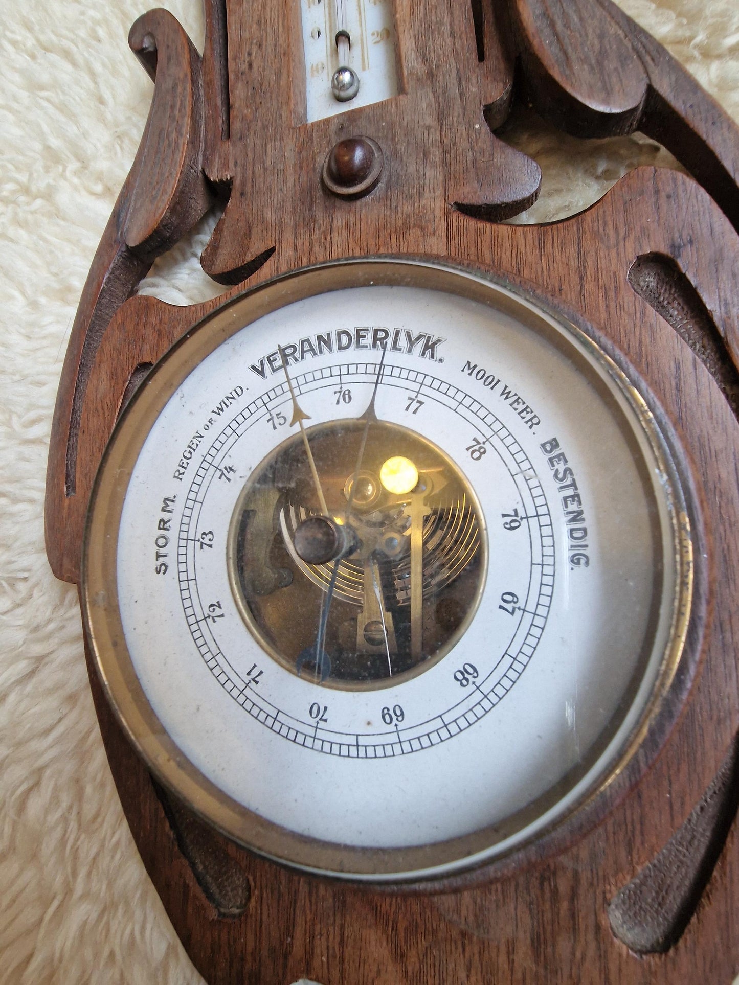 Antique Art Nouveau Holosteric Barometer, dutch Carved Oak Weather Station cottage
